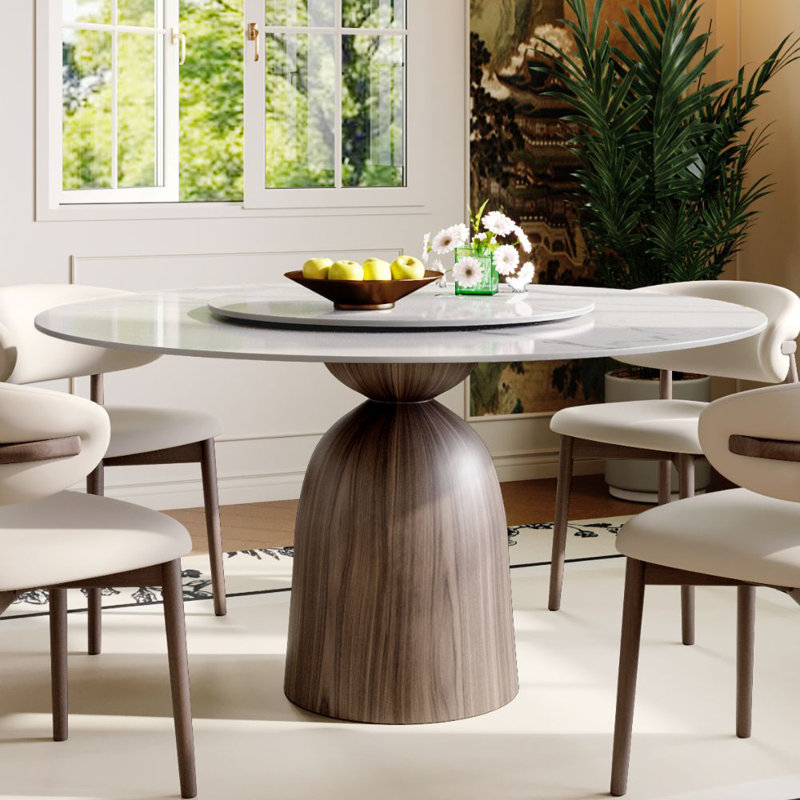 53" Round Dining Table for 6 With Sintered Stone Lazy Susan + Dark Walnut Solid Wood Base, 29.52" H x 53.15" L x 53.15" W