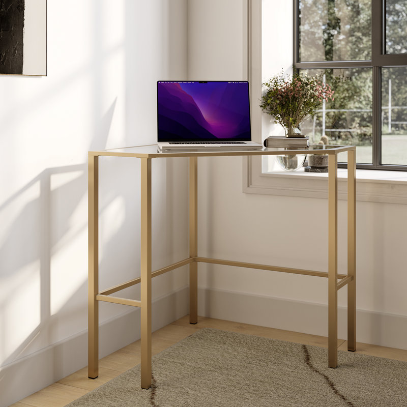 42" Clear and Gold Glass and Iron Corner Writing Desk, Gold