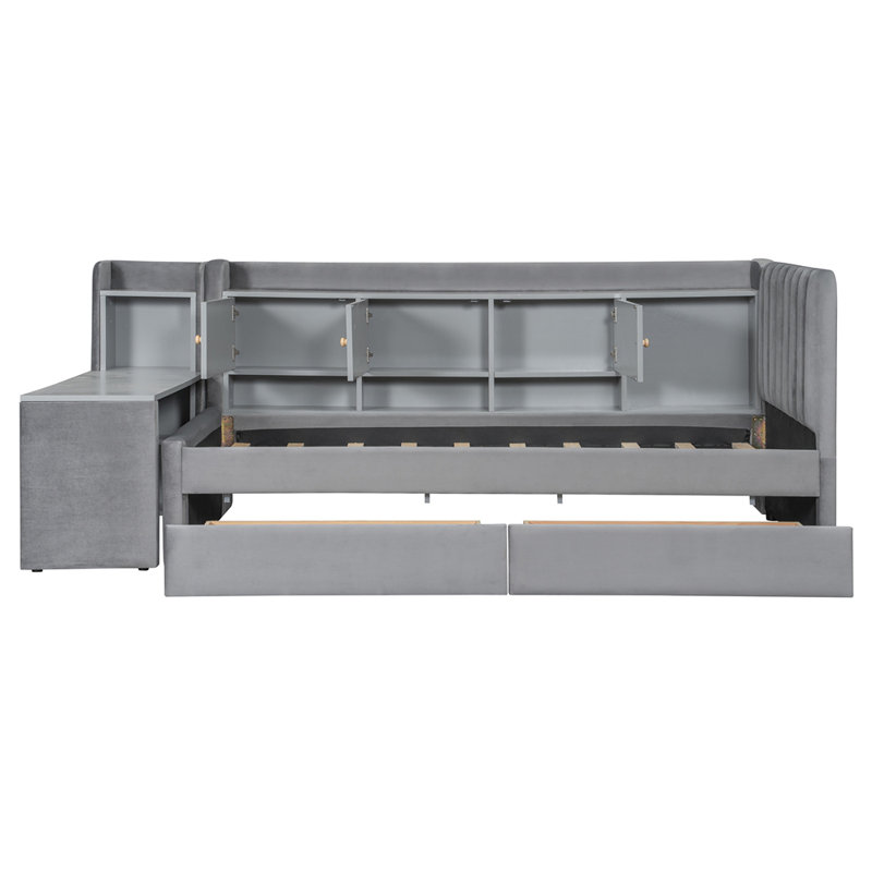 Lit de jour simple tapissier avec tiroirs, tablettes, armoires rabattables et table d'appoint, gris
