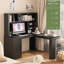 Bureau en L avec chargeur, bureau d'ordinateur avec tiroirs, bibliothèque et bahut avec lumière DEL-222853249