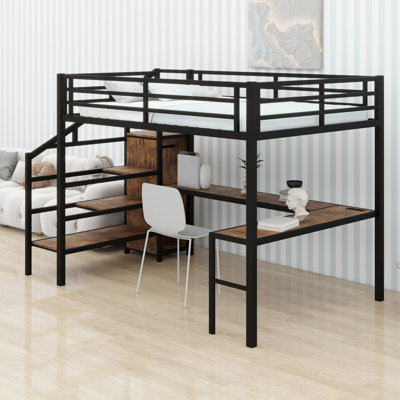 Metal Loft Bed With L-Shaped Desk And USB, Wardrobe And  Shelf, High Loft Bed With LED For Kids Teens Adults