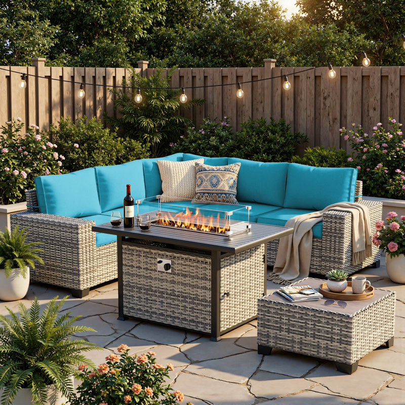 7-Piece HDPE Wicker Patio Sectional Set With Fire Pit Table, Cushioned Outdoor Conversation Set, Turquoise Blue
