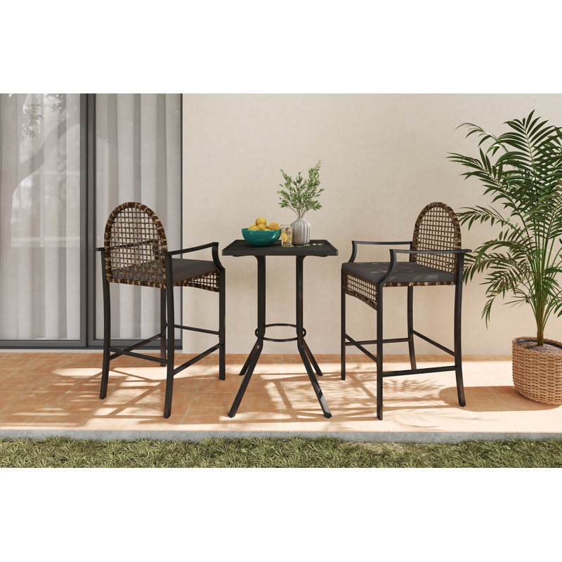 3 - Piece Outdoor Dining Set With Cushions, Patio Pe Wicker Bar Stool And Bistro Bar Table With Metal Frame, Farmhouse Conversation Set For Porch/Yard/Poolside/Cafe