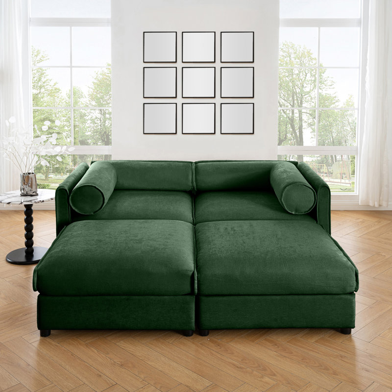 Élégant canapé à 2 places en chenille verte avec 2 repose-pieds