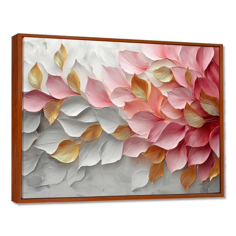 Or rose élégant veines de pétales de fleurs - art abstrait grand fleurs abstraites, H 16 po x l 32 po, Cadre flottant, Brun