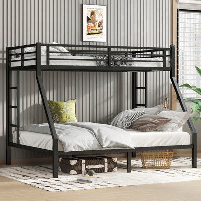 Lit superposé simple au-dessus de grand lit en métal pour adolescents et adultes, lit mezzanine peu encombrant avec garde-corps, silencieux, sans sommier, noir