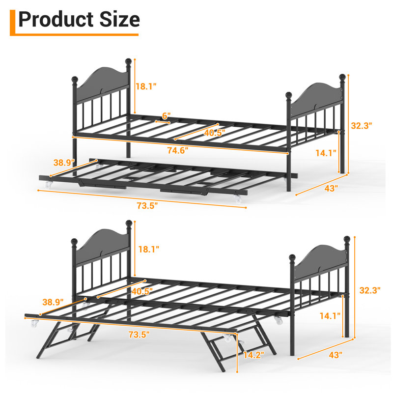Heavy Duty Metal Twin Daybed with Pop-Up Collapsible Trundle, Steel Slat Platform & Stylish Headboard, Adjustable Guest Sofa Bed for Living Room or Bedroom - Sand Texture Black with Black Board