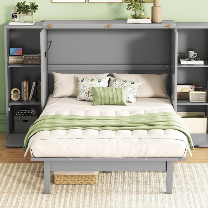 Grand lit escamotable avec tablettes, tiroirs et ports USB (lit), Gris
