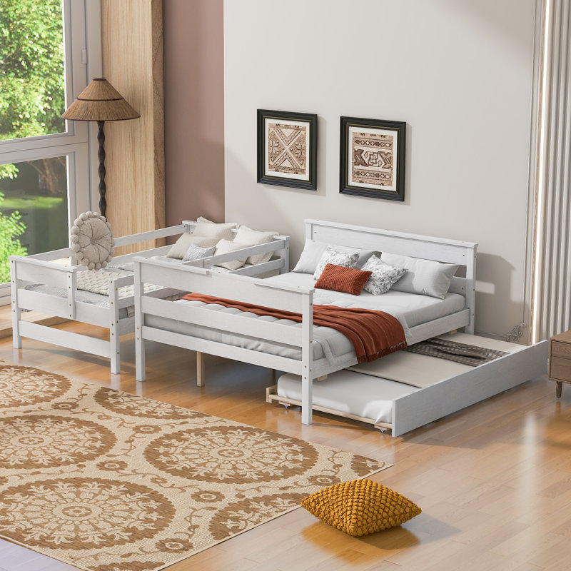 Lit superposé simple au-dessus d'un lit double en bois avec lit gigogne blanc, Blanc