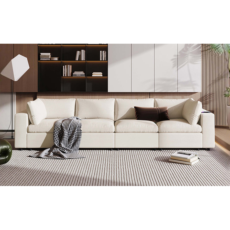 U-style Upholstered Modular Sofa with  with Storage Space, USB Charge Ports,Wireless Charging, Beige Polyester