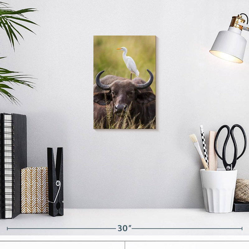 Aigrette et buffle, H 12 po x l 8 po