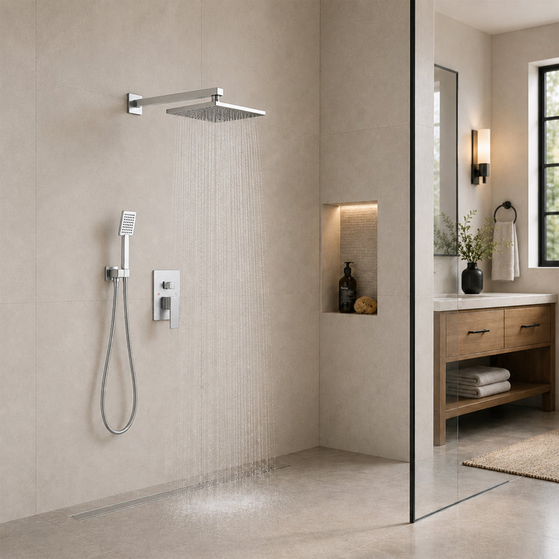 Système de douche carré à 4 jets avec douchette Prism (valve incluse), Chrome poli