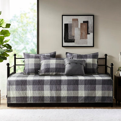 Grey Reversible Plaid Daybed Cover - 6 Pieces Include Cover, 15-Inch Drop , 3 Shams, And 1 Decorative Pillow Fabric  6 Pieces  Style With 90% Cotton, 10% Other Fiber, Machine Washable