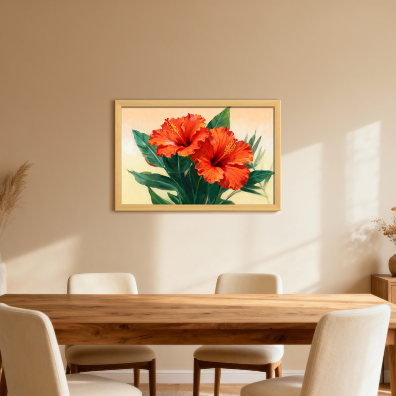 Plantes et fleurs d'hibiscus orange vif avec feuilles vertes, H 12 po x l 18 po, Toile tendue, Ne s’applique pas