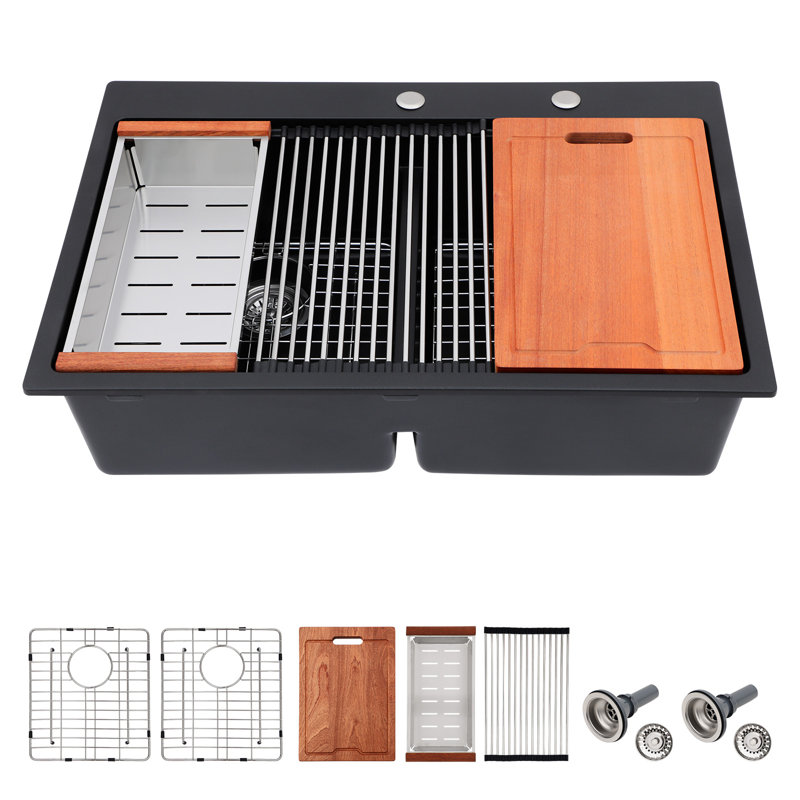 33"L x 22"W Quartz Drop In Workstation Kitchen Sink Granite Composite Double Bowl Kitchen Sink with Two Faucet Holes,Bottom Grid