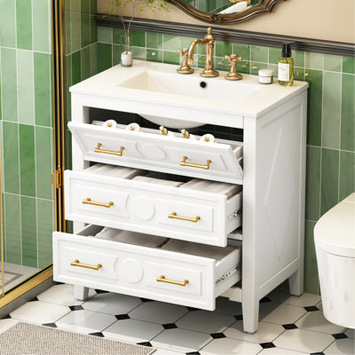 30'' Bathroom Vanity With Ceramic Sink Combo, Free Standing Single Vanity Set With 3 Drawers, Solid Wood Frame Bathroom Storage Cabinet, White