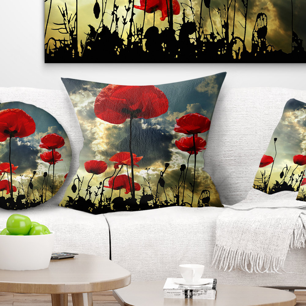 Floral Poppies on Thunderstorm Background Throw Pillow Design Art