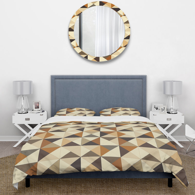 Ensemble de housse de couette Mid-Century Brown Triangles Print I, Housse de couette très grand + 2 taies décorativ