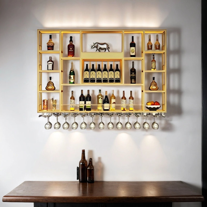 Lacquered Wall Mounted Wine Rack, 47.2" H x 78.7" W x 7.8" D, Gold