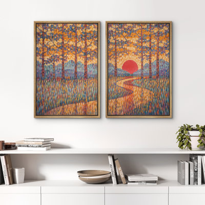 «Autumn Forest Sunset Path Landscape», reproduction d'art sur toile encadrée, 2 pièces