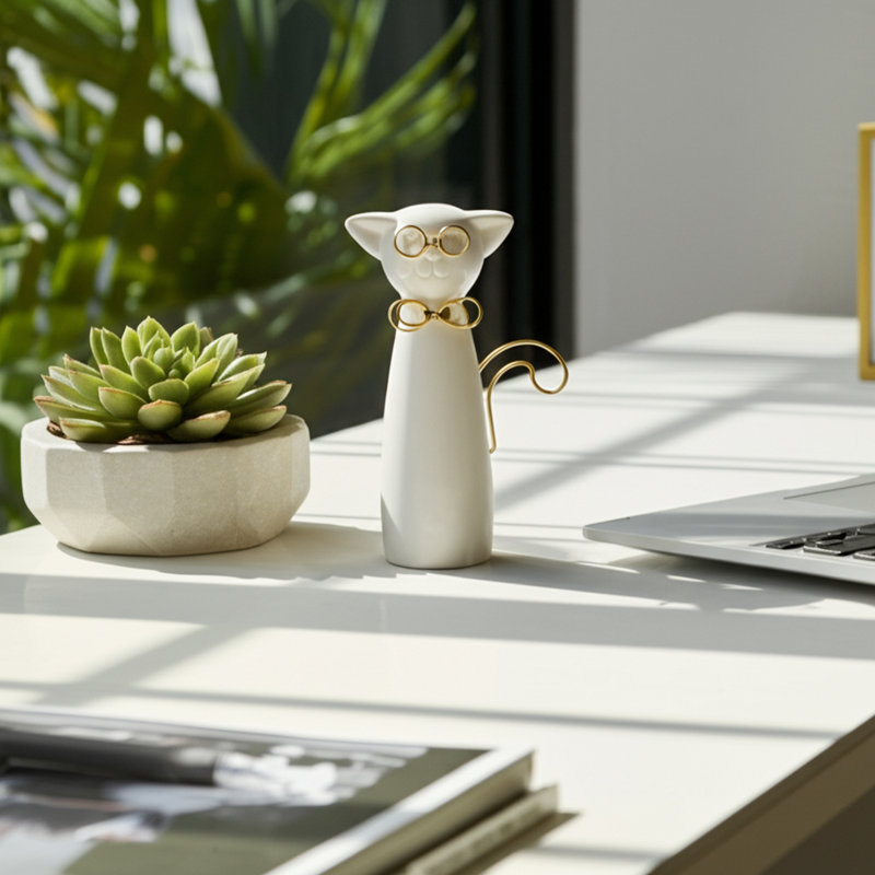 Elegant Ceramic Cat Figurine Statue for Home Decor - Decorative Object Sculpture for Office, Tabletop, and Living Room Decoration - White & Gold