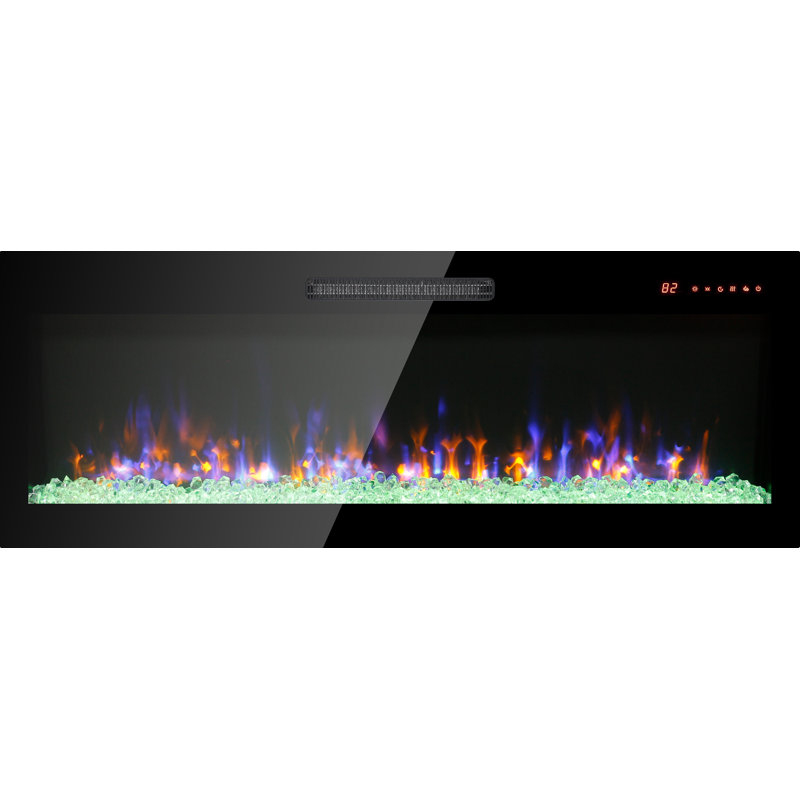 50 inch recessed ultra thin tempered glass front wall mounted electric fireplace with remote and multi color flame & emberbed, LED light heater