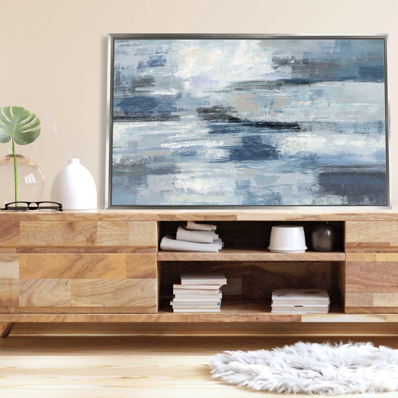«Clear Water Indigo And Grey Crop» par Silvia Vassileva, peinture sur toile à cadre flottant, L 33,5 po x H 21,5 po