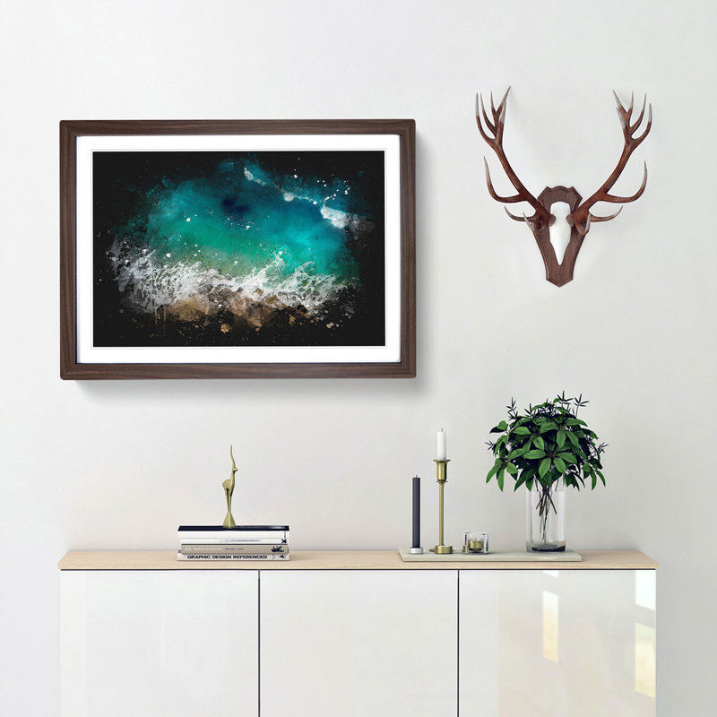 Beach In Honolulu Hawaii Paint Splash - Framed Print, 62cm H x 87cm W x 2cm D, Walnut Framed