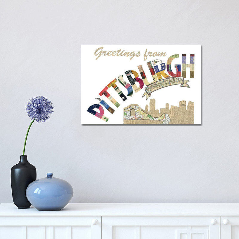 «Greetings From Pittsburgh» par Paper Cutz - Art textuel sur toile tendue, H 12 po x l 18 po x 1,5 po