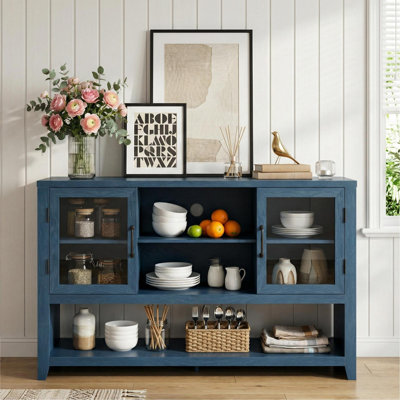 53" Sideboard Buffet Cabinet with 2 Glass Doors, Farmhouse Coffee Table Storage with Open Shelves, for Living Room, Kitchen, Dining, Entryway, Blue