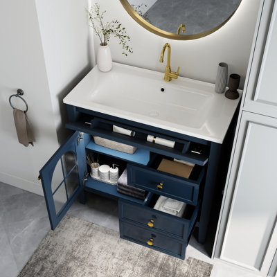 Meuble-lavabo bleu Mid-Century avec verre, tiroirs de rangement et éclairage automatique 36 po. Détecteur de mouvement, tiroir élégant