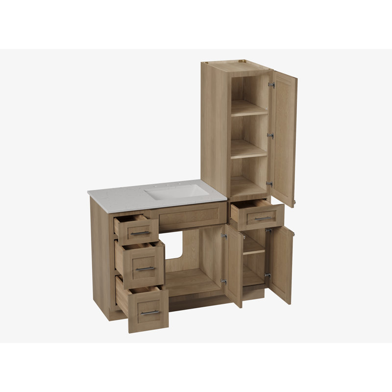 Disar 51'' Single Bathroom Vanity With Right Linen Tall Cabinet Dovetail Solid Wood Drawer Carrara Quartz Top, Natural Oak