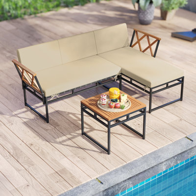 Ensemble de 3 meubles de patio en bois d'acacia en forme de L avec causeuse