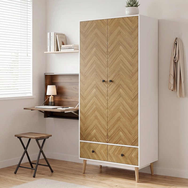 HOMCOM Modern Wardrobe Cabinet with 2 Hanging Rods Natural/White