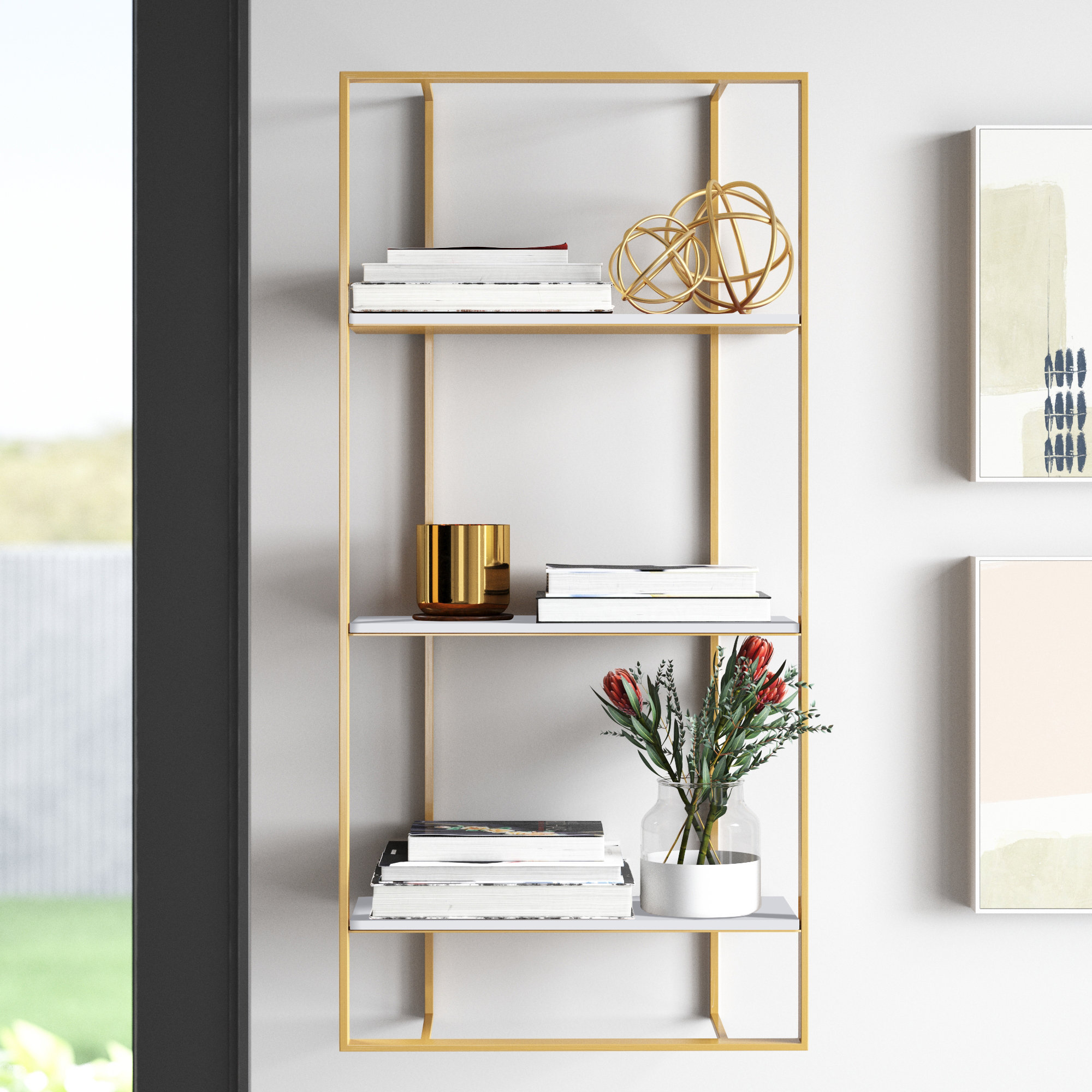 3-Tier Modern Wall Mounted Shelves Long Floating Shelving in White & Gold