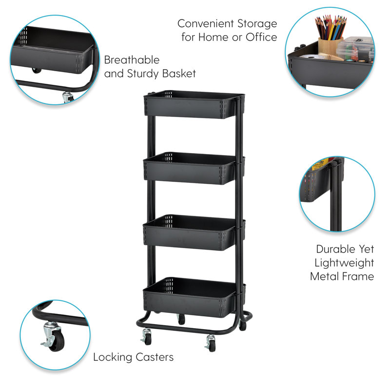 Black 4-Tier Metal Rolling Utility Cart with Mesh Baskets