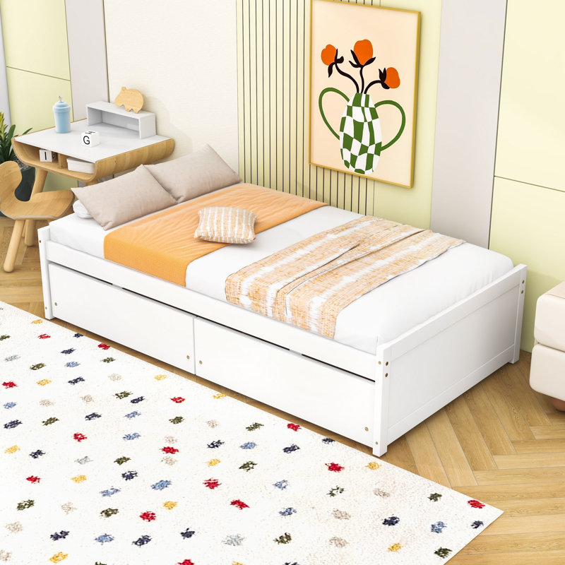 Lit plateforme élégant en bois avec tiroirs de rangement, Blanc