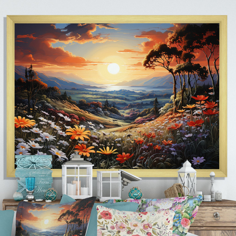 " Wildflowers Sunlit Meadows ", 34" H x 44" W x 1.5" D, Gold Single Picture Framed