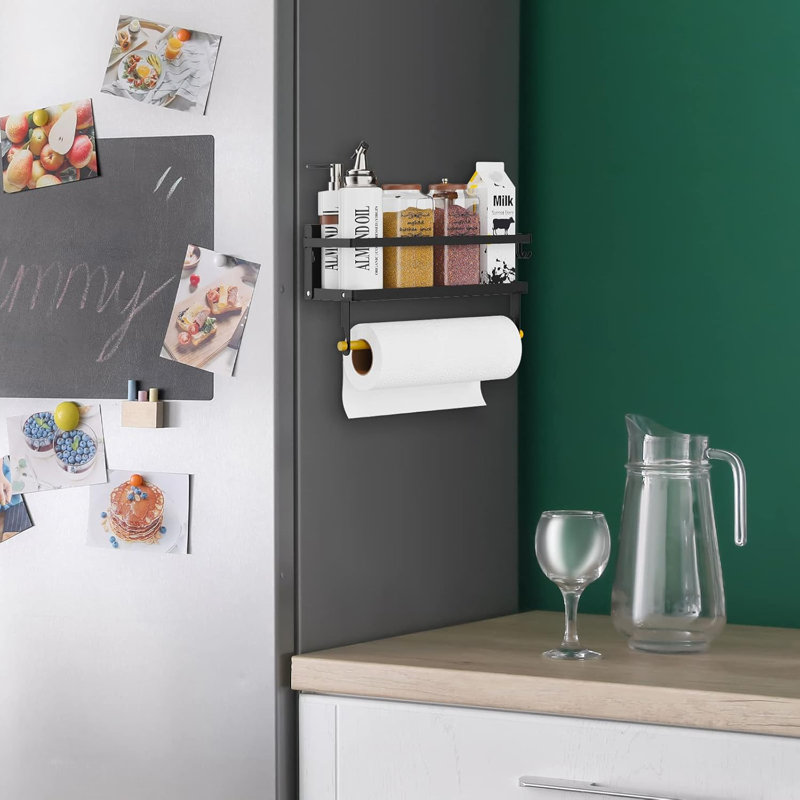 Étagère à épices magnétique, support à épices magnétique pour réfrigérateur pliable, support de rangement pour épices mural avec porte-essuie-tout et crochets