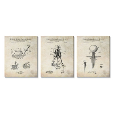Golf Sport Vintage Patent Club Head and Tee Diagram 3pc Stretched Canvas Wall Art Set by Karl Hronek