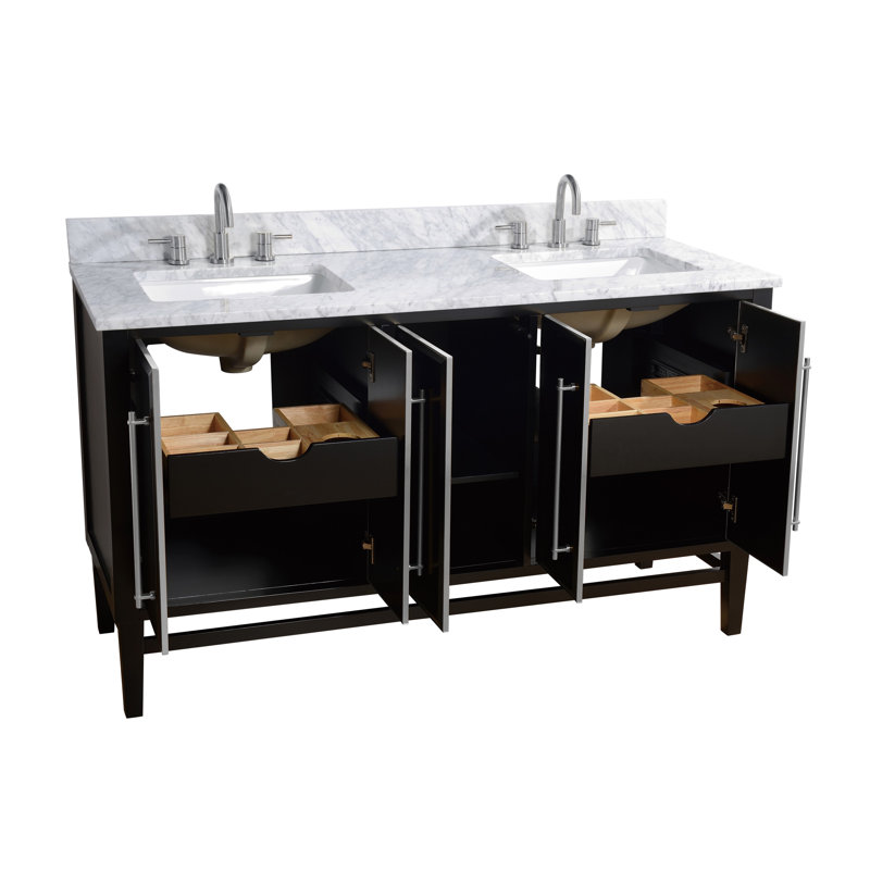 Ewen 60" Double Bathroom Vanity with Carrara Marble Top, Carrara White, Black, Brushed Silver
