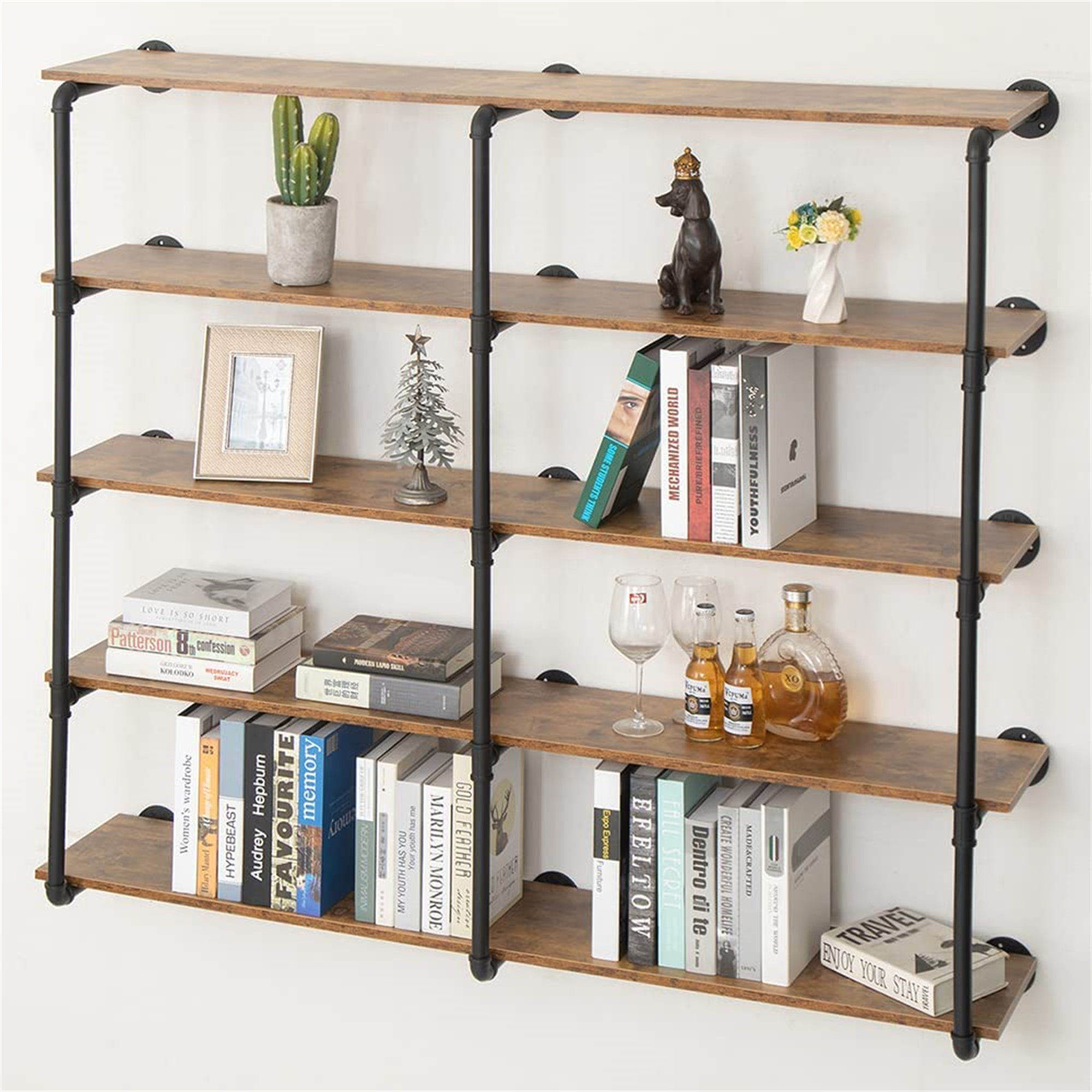 Pynsseu5 Tier Farmhouse Iron Pipe Shelf Wall Mount Open Bookshelf (Wooden  board not included) & Reviews