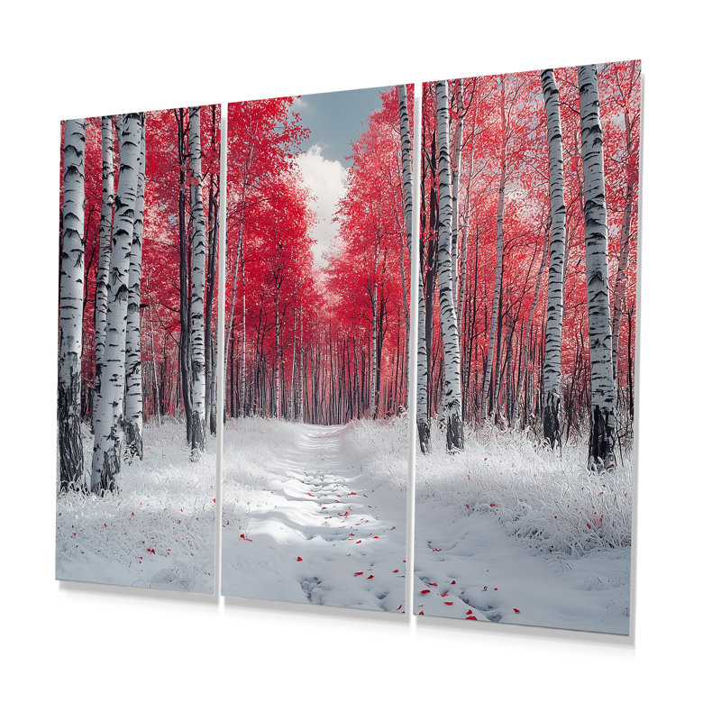Hiver, bouleaux rouges, forêt, Panorama II - ensemble d'art mural forêt, Métal métal, H 32 po x l 48 po x P 1 po