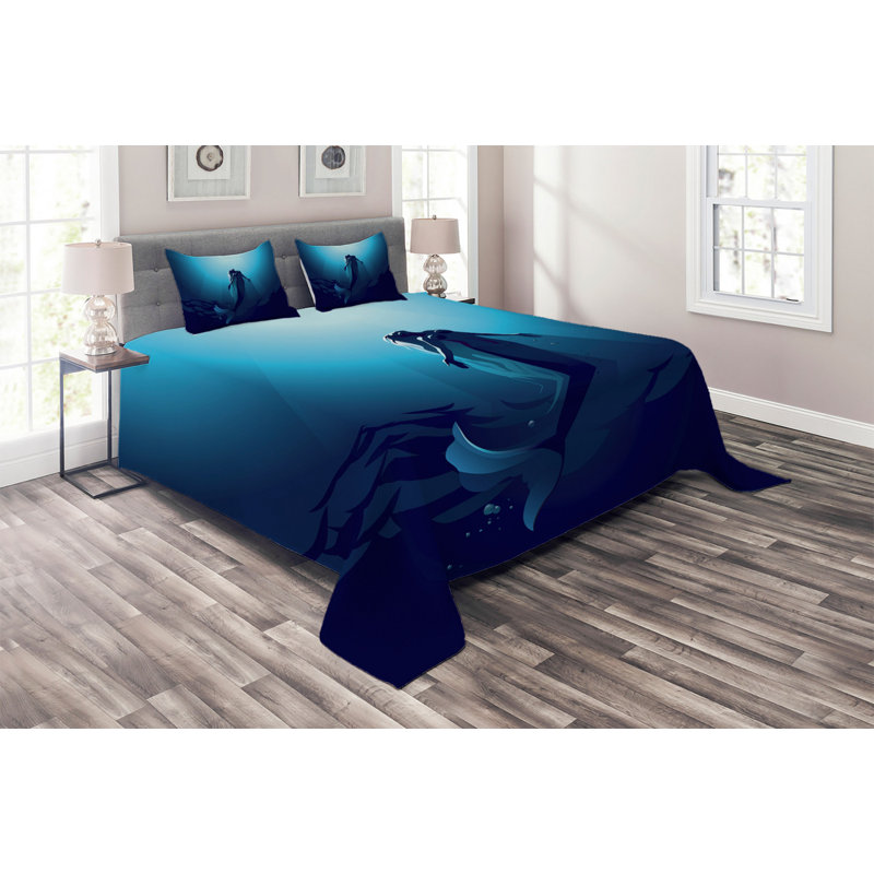 King Size Blue Mermaid Quilted Bedspread Set with Shams