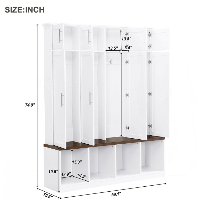Versatile Hall Tree With 4 Hanging Hooks, Wood Grain Bench With Multiple Storage Space, Entryway Cabinet With Open Compartments For Living Room, Hallway, White