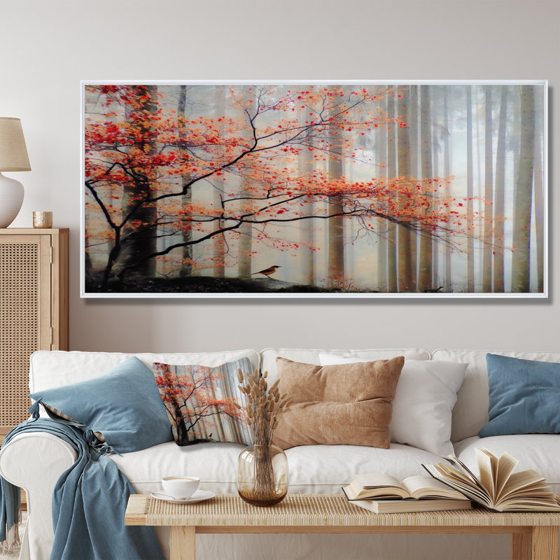 Forêt d'automne matin rosée au Québec - forêt, décoration murale, art mural rouge encadré, H 28 po x l 60 po, Cadre flottant