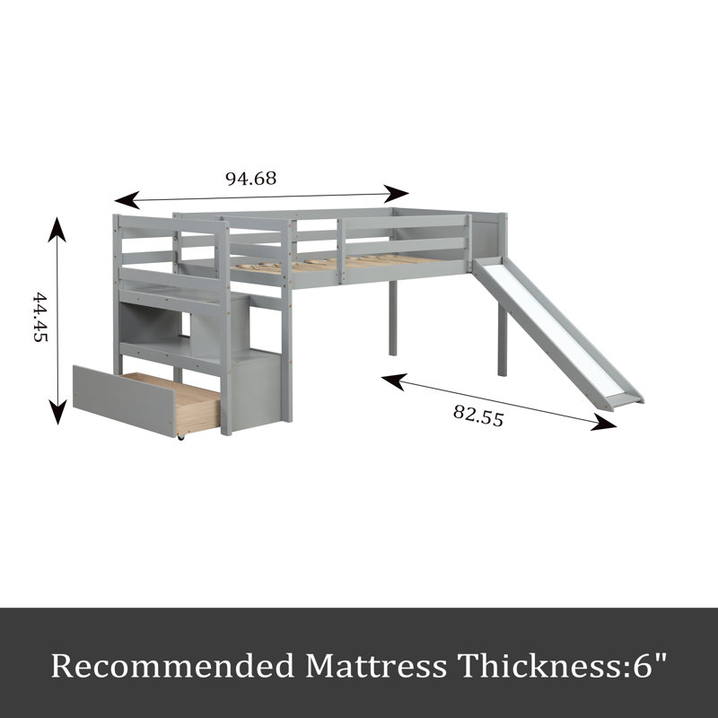 Lit simple mezzanine bas avec escalier, Gris