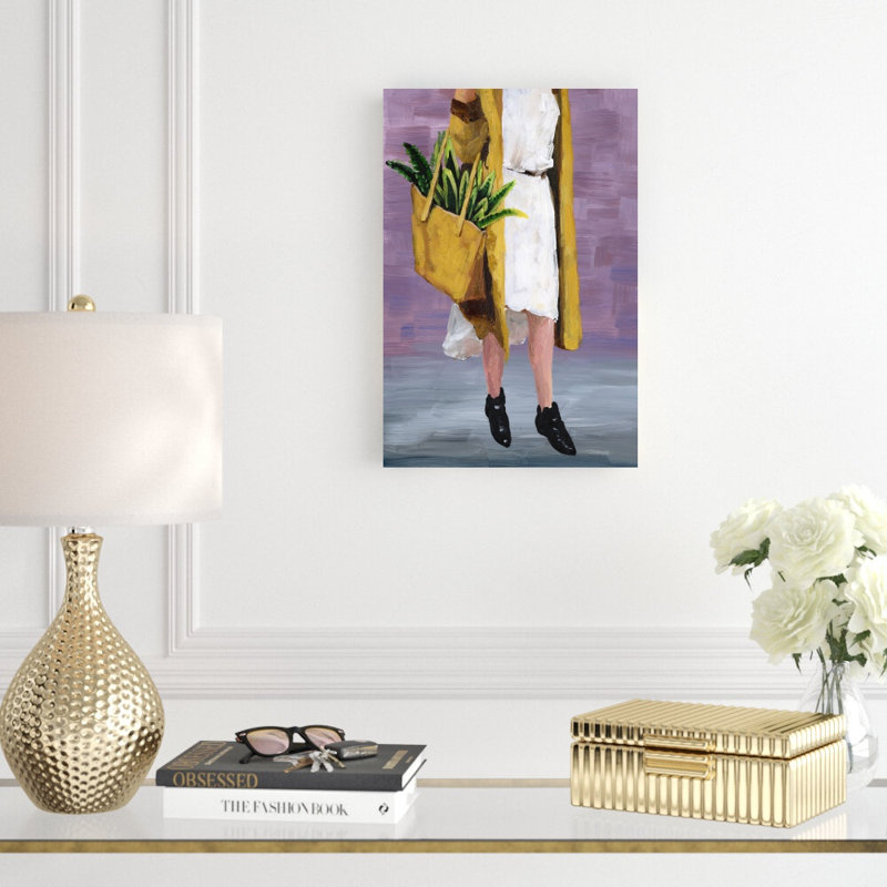 Femme avec plante dans un sac - peinture sur toile tendue, H 18 po x l 12 po