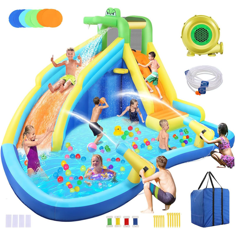 Adam 13.2' x 11.5' Crocodile Kids Inflatable Water Slides Water Bounce House Water Park with Air Blower Indoor Outdoor Dry Wet Use