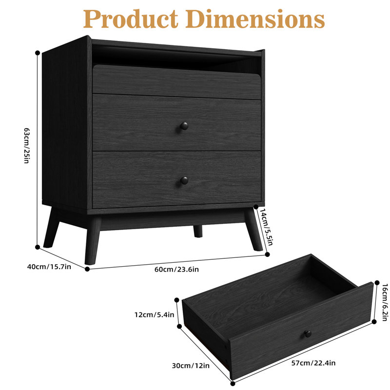 3 - Drawer Nightstand, 24“ W Wood Bedside Table With Built-In Outlets And Solid Wood Legs(Set Of 2), Set of 2, Black